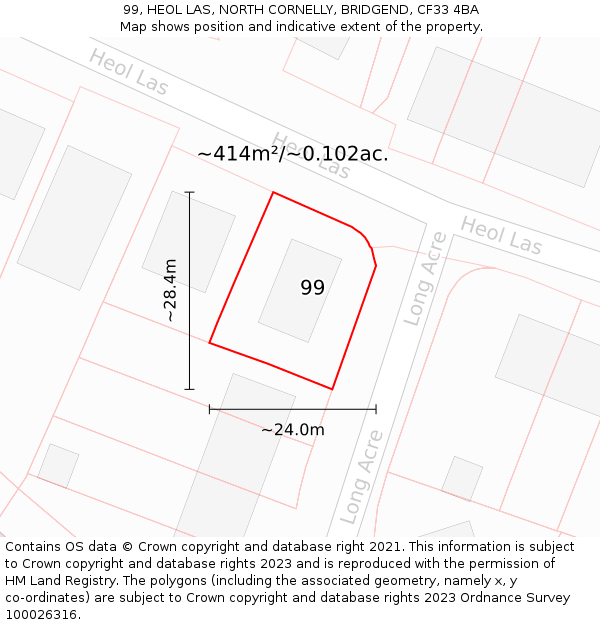 99, HEOL LAS, NORTH CORNELLY, BRIDGEND, CF33 4BA: Plot and title map