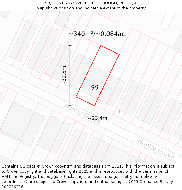99, HUNTLY GROVE, PETERBOROUGH, PE1 2QW: Plot and title map