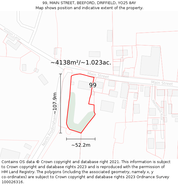 99, MAIN STREET, BEEFORD, DRIFFIELD, YO25 8AY: Plot and title map