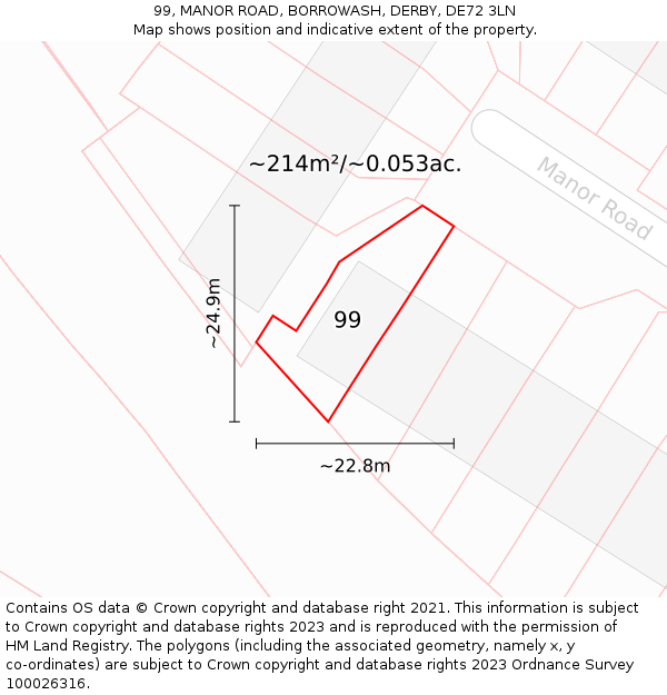 99, MANOR ROAD, BORROWASH, DERBY, DE72 3LN: Plot and title map