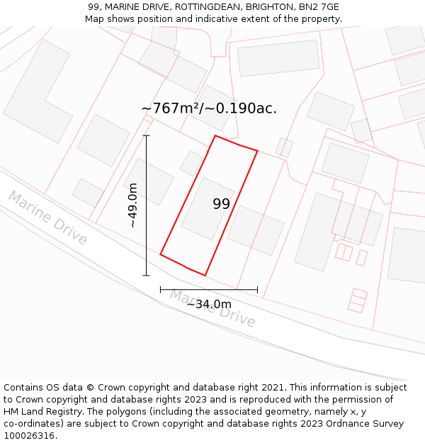 99, MARINE DRIVE, ROTTINGDEAN, BRIGHTON, BN2 7GE: Plot and title map