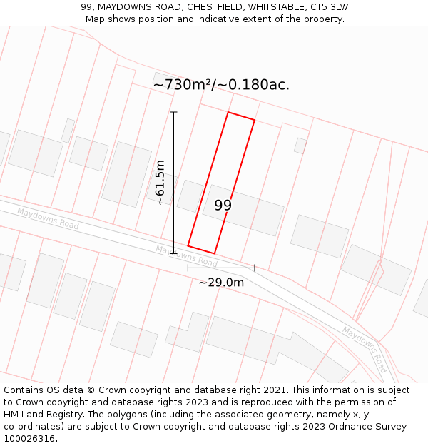 99, MAYDOWNS ROAD, CHESTFIELD, WHITSTABLE, CT5 3LW: Plot and title map