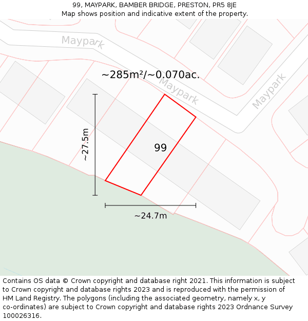 99, MAYPARK, BAMBER BRIDGE, PRESTON, PR5 8JE: Plot and title map