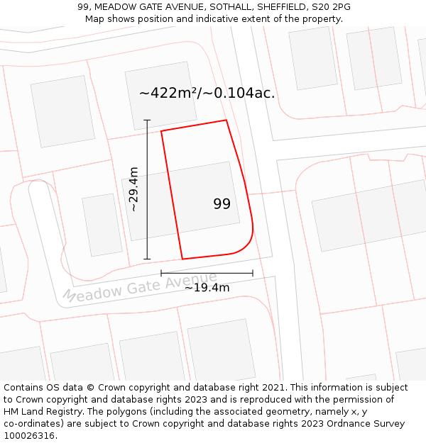99, MEADOW GATE AVENUE, SOTHALL, SHEFFIELD, S20 2PG: Plot and title map
