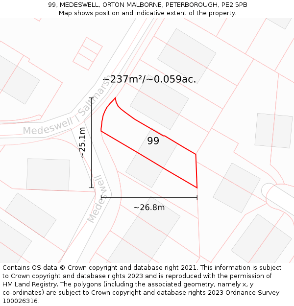 99, MEDESWELL, ORTON MALBORNE, PETERBOROUGH, PE2 5PB: Plot and title map