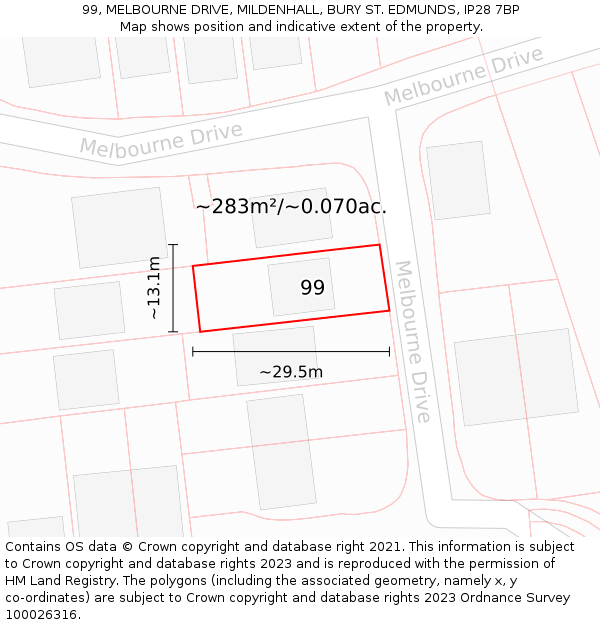 99, MELBOURNE DRIVE, MILDENHALL, BURY ST. EDMUNDS, IP28 7BP: Plot and title map