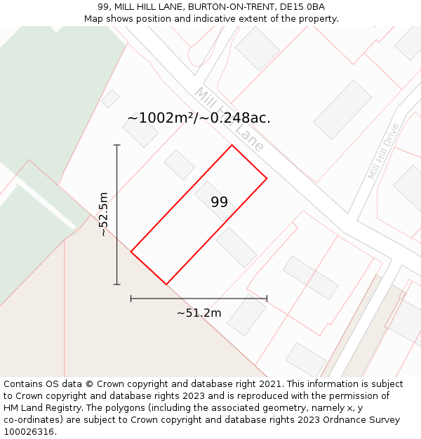 99, MILL HILL LANE, BURTON-ON-TRENT, DE15 0BA: Plot and title map