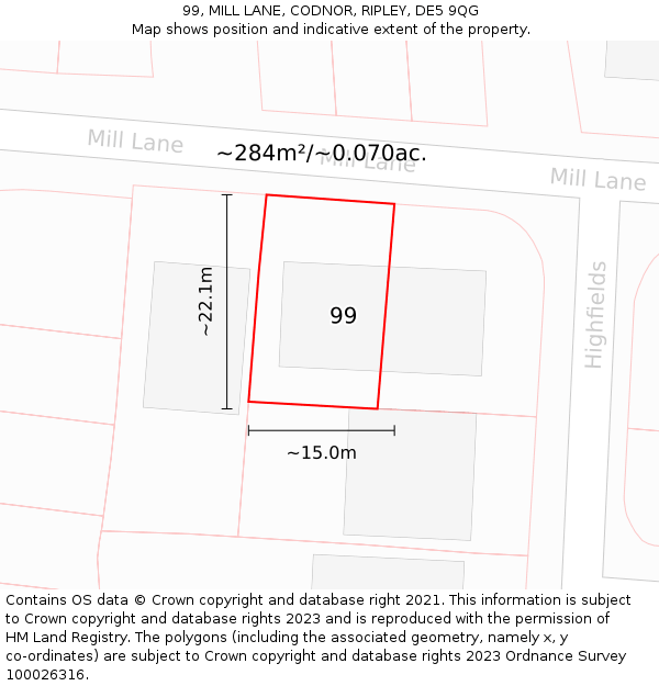 99, MILL LANE, CODNOR, RIPLEY, DE5 9QG: Plot and title map