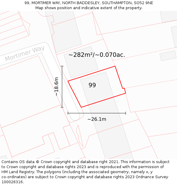 99, MORTIMER WAY, NORTH BADDESLEY, SOUTHAMPTON, SO52 9NE: Plot and title map