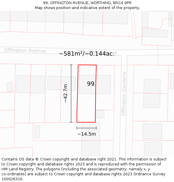 99, OFFINGTON AVENUE, WORTHING, BN14 9PR: Plot and title map