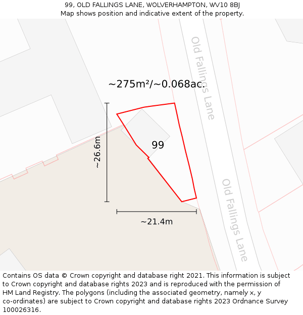 99, OLD FALLINGS LANE, WOLVERHAMPTON, WV10 8BJ: Plot and title map