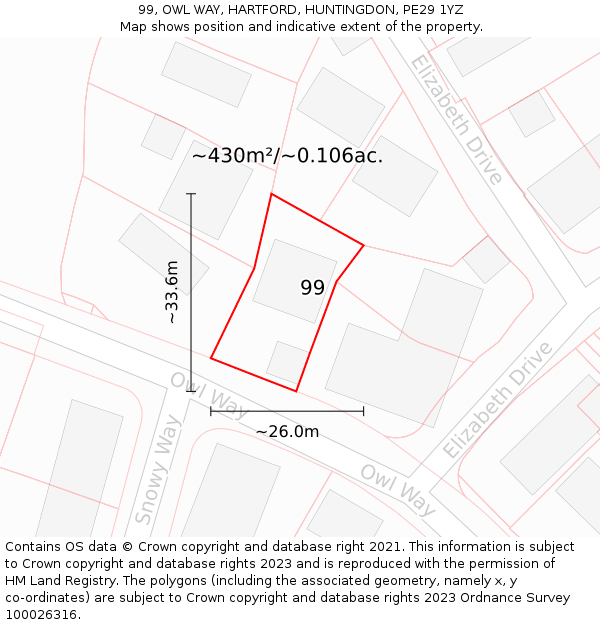 99, OWL WAY, HARTFORD, HUNTINGDON, PE29 1YZ: Plot and title map