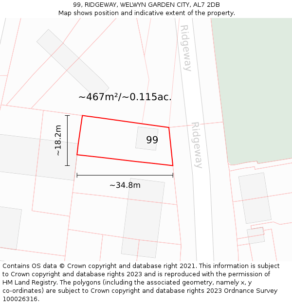 99, RIDGEWAY, WELWYN GARDEN CITY, AL7 2DB: Plot and title map