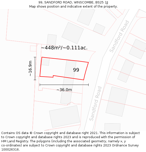 99, SANDFORD ROAD, WINSCOMBE, BS25 1JJ: Plot and title map