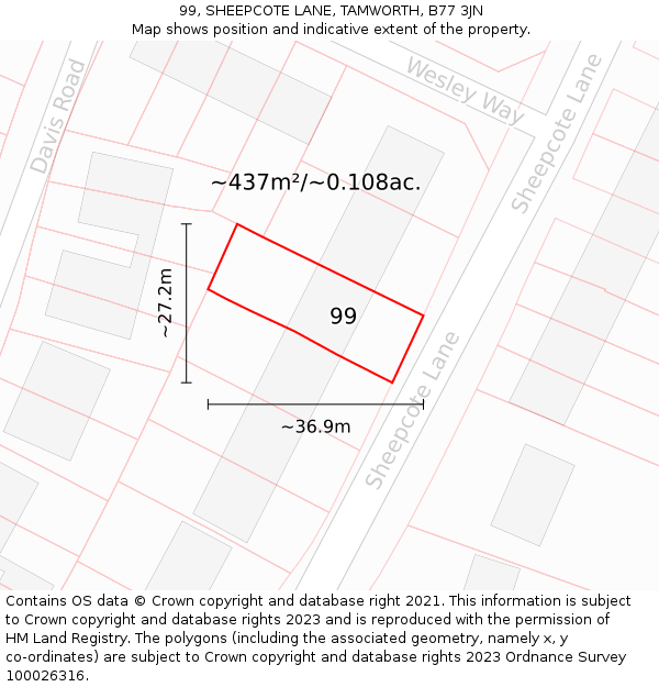 99, SHEEPCOTE LANE, TAMWORTH, B77 3JN: Plot and title map