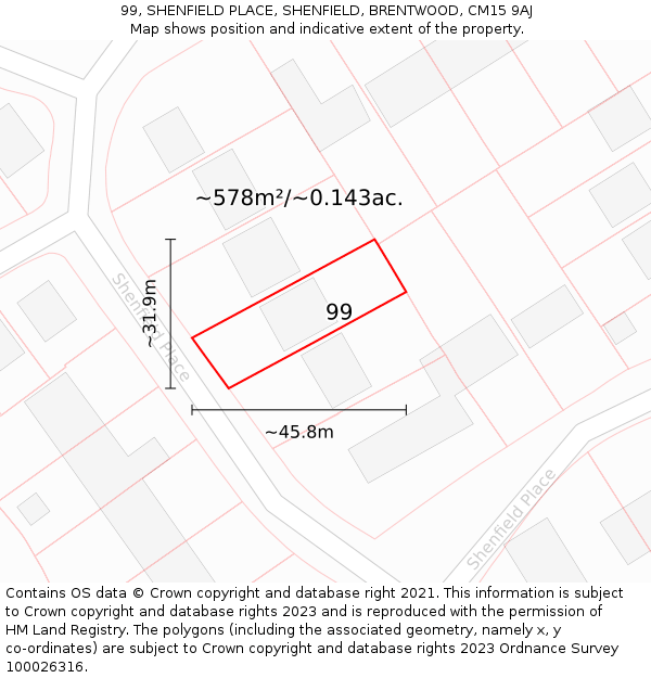 99, SHENFIELD PLACE, SHENFIELD, BRENTWOOD, CM15 9AJ: Plot and title map