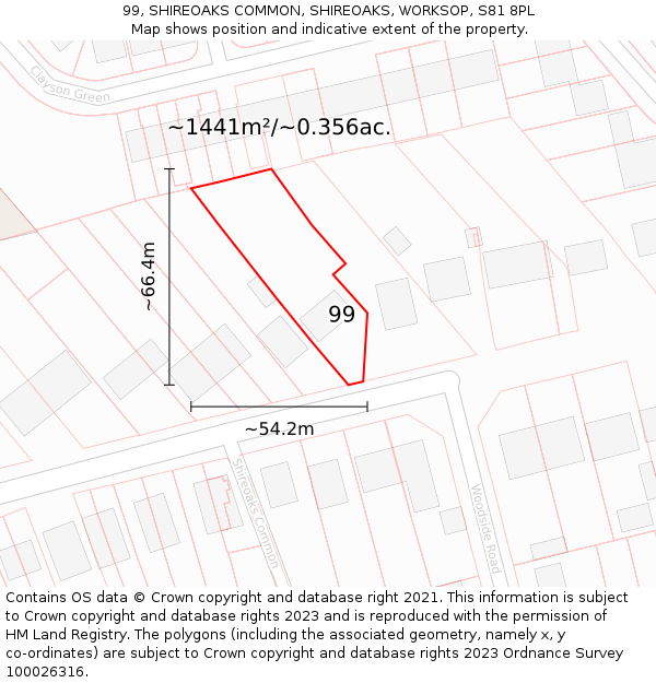 99, SHIREOAKS COMMON, SHIREOAKS, WORKSOP, S81 8PL: Plot and title map