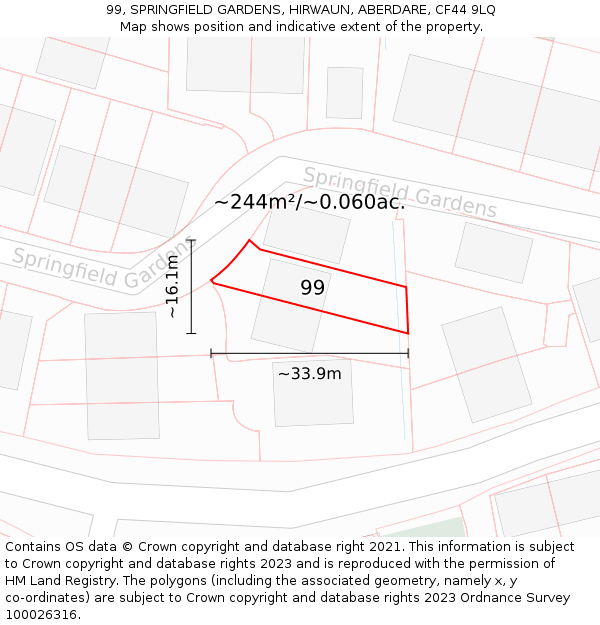 99, SPRINGFIELD GARDENS, HIRWAUN, ABERDARE, CF44 9LQ: Plot and title map