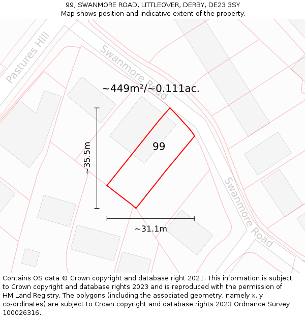 99, SWANMORE ROAD, LITTLEOVER, DERBY, DE23 3SY: Plot and title map