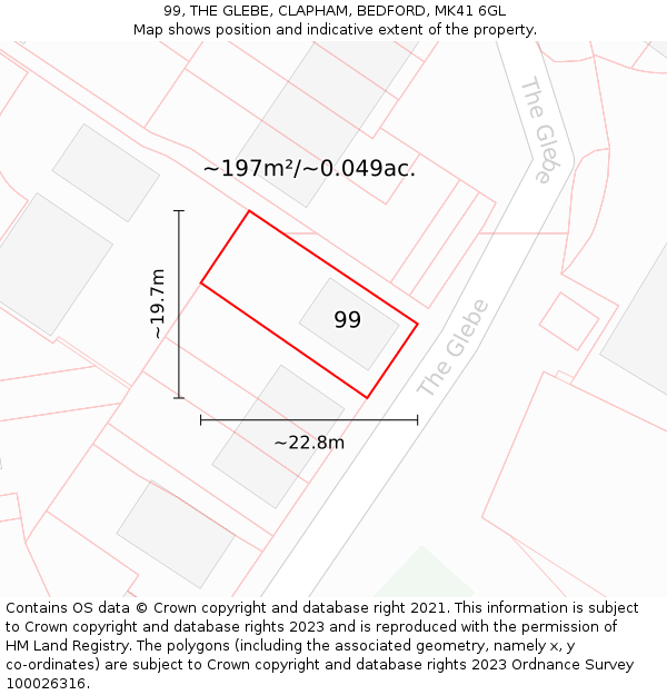 99, THE GLEBE, CLAPHAM, BEDFORD, MK41 6GL: Plot and title map
