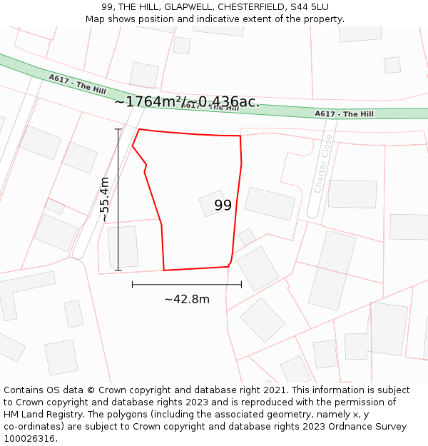99, THE HILL, GLAPWELL, CHESTERFIELD, S44 5LU: Plot and title map