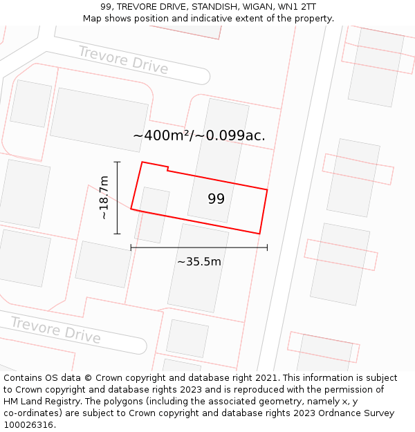 99, TREVORE DRIVE, STANDISH, WIGAN, WN1 2TT: Plot and title map