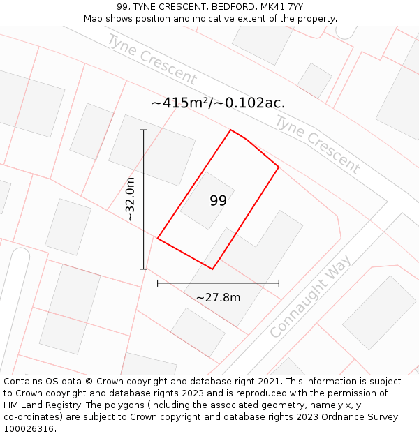 99, TYNE CRESCENT, BEDFORD, MK41 7YY: Plot and title map