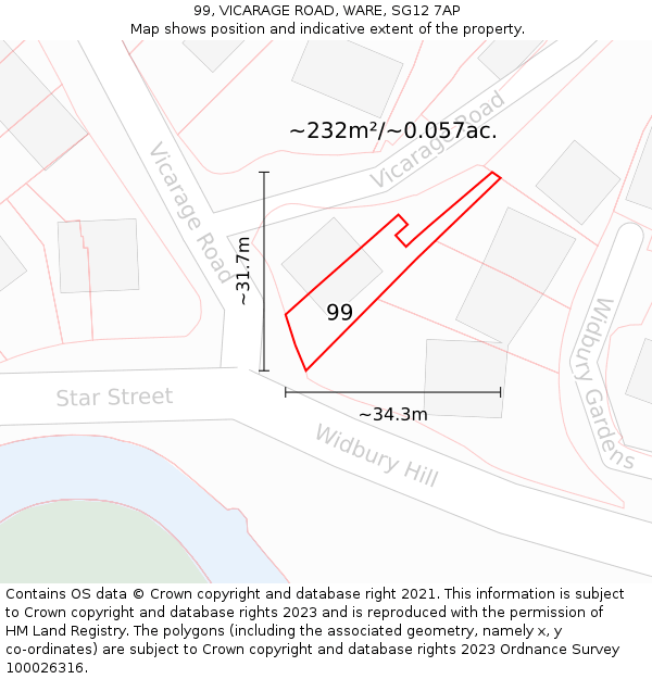 99, VICARAGE ROAD, WARE, SG12 7AP: Plot and title map