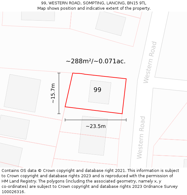 99, WESTERN ROAD, SOMPTING, LANCING, BN15 9TL: Plot and title map