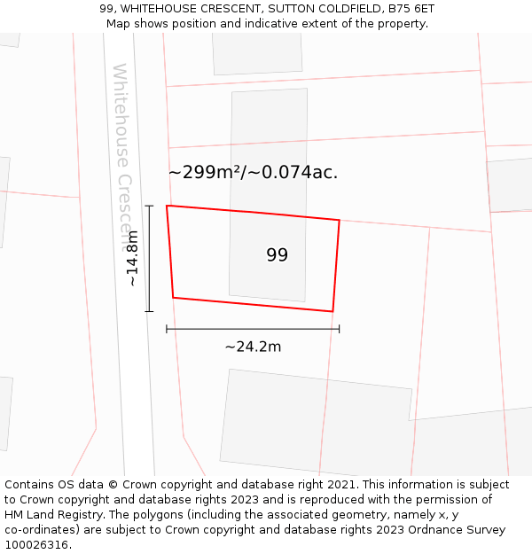 99, WHITEHOUSE CRESCENT, SUTTON COLDFIELD, B75 6ET: Plot and title map