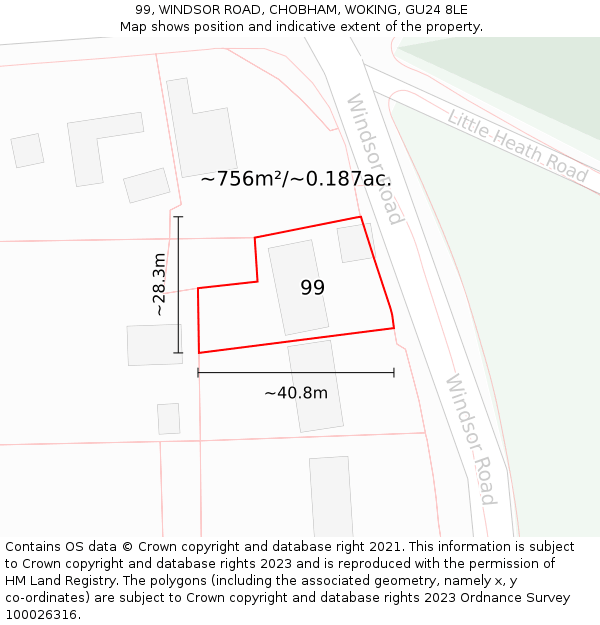 99, WINDSOR ROAD, CHOBHAM, WOKING, GU24 8LE: Plot and title map