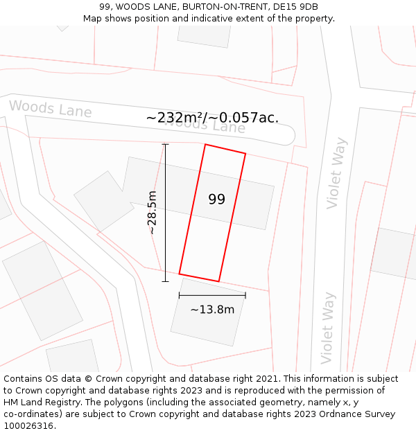 99, WOODS LANE, BURTON-ON-TRENT, DE15 9DB: Plot and title map