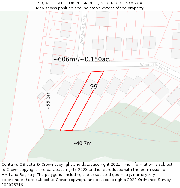 99, WOODVILLE DRIVE, MARPLE, STOCKPORT, SK6 7QX: Plot and title map
