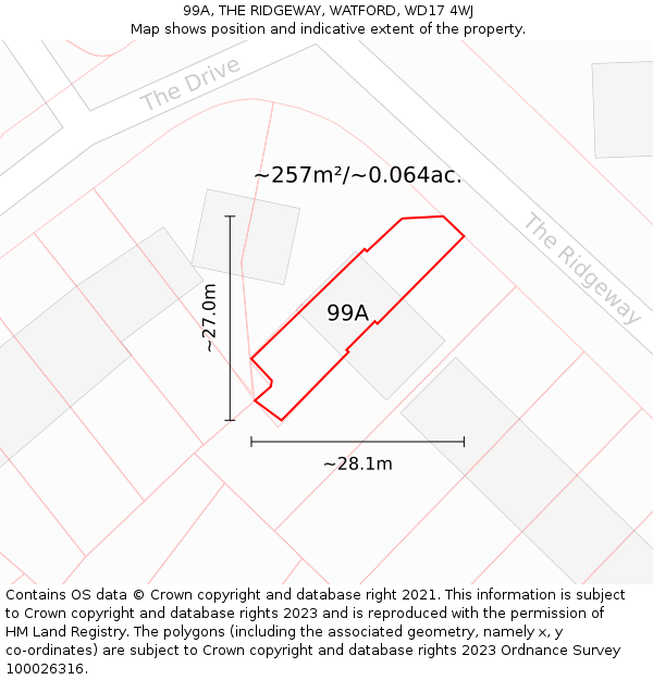 99A, THE RIDGEWAY, WATFORD, WD17 4WJ: Plot and title map