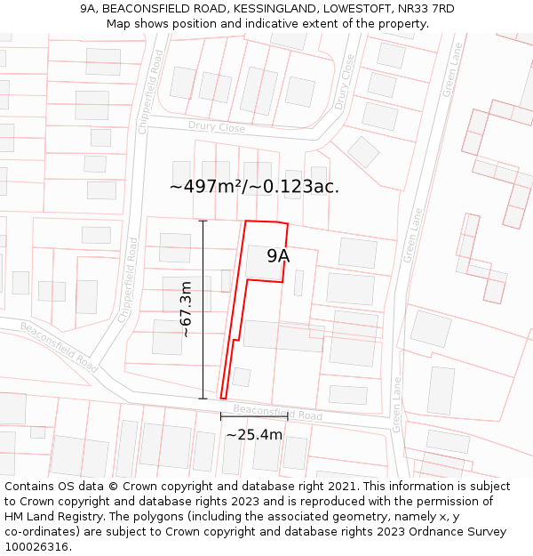 9A, BEACONSFIELD ROAD, KESSINGLAND, LOWESTOFT, NR33 7RD: Plot and title map