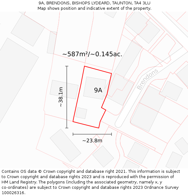 9A, BRENDONS, BISHOPS LYDEARD, TAUNTON, TA4 3LU: Plot and title map
