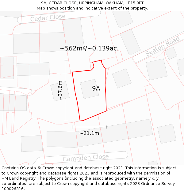9A, CEDAR CLOSE, UPPINGHAM, OAKHAM, LE15 9PT: Plot and title map