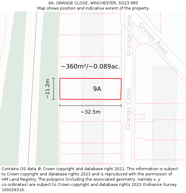 9A, GRANGE CLOSE, WINCHESTER, SO23 9RS: Plot and title map