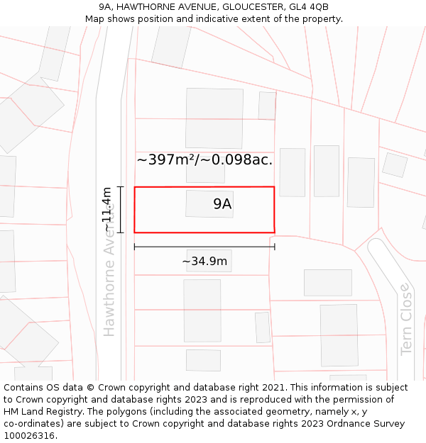 9A, HAWTHORNE AVENUE, GLOUCESTER, GL4 4QB: Plot and title map