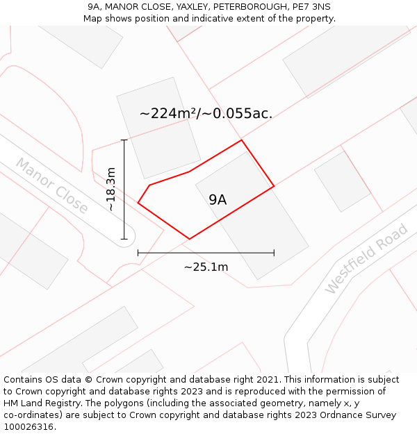 9A, MANOR CLOSE, YAXLEY, PETERBOROUGH, PE7 3NS: Plot and title map