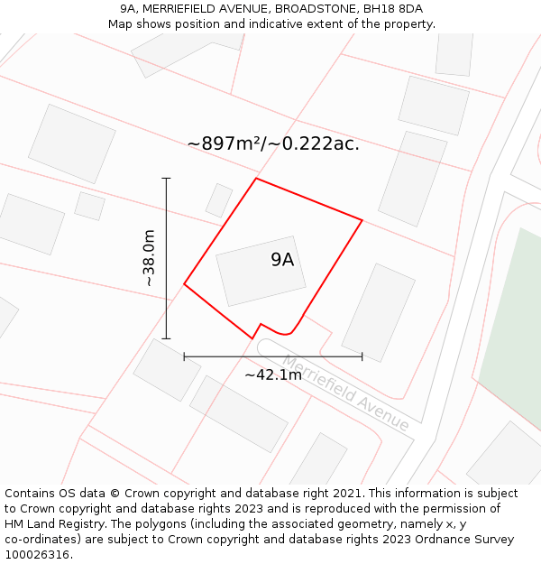 9A, MERRIEFIELD AVENUE, BROADSTONE, BH18 8DA: Plot and title map