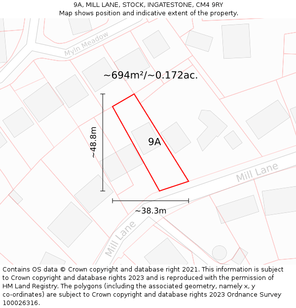 9A, MILL LANE, STOCK, INGATESTONE, CM4 9RY: Plot and title map