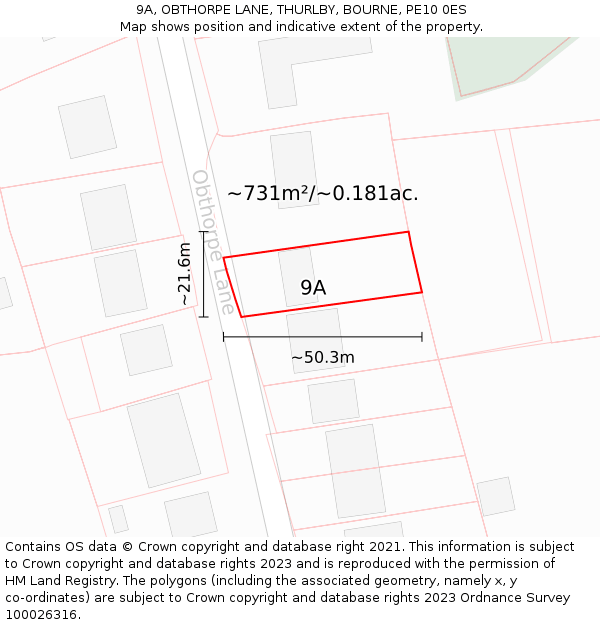 9A, OBTHORPE LANE, THURLBY, BOURNE, PE10 0ES: Plot and title map