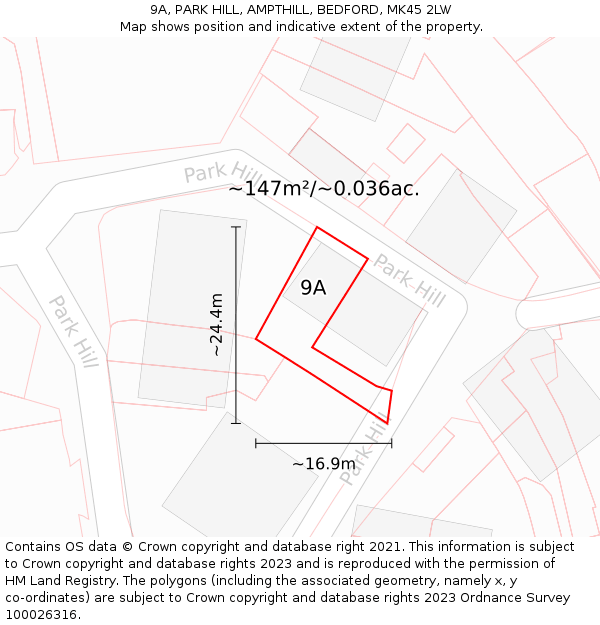 9A, PARK HILL, AMPTHILL, BEDFORD, MK45 2LW: Plot and title map