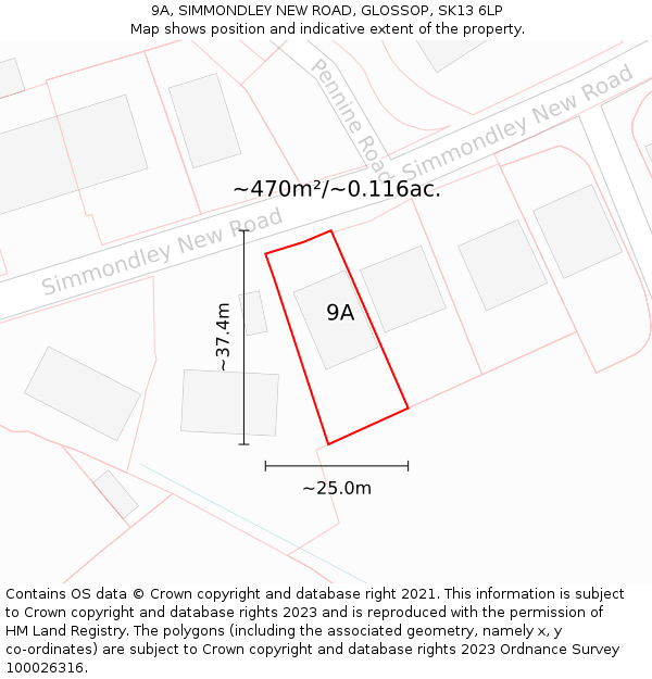 9A, SIMMONDLEY NEW ROAD, GLOSSOP, SK13 6LP: Plot and title map