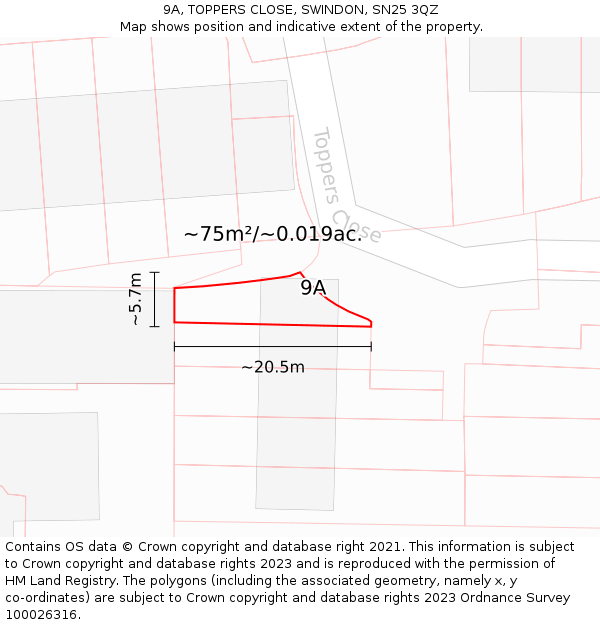9A, TOPPERS CLOSE, SWINDON, SN25 3QZ: Plot and title map