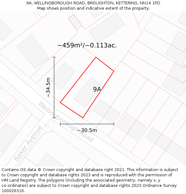 9A, WELLINGBOROUGH ROAD, BROUGHTON, KETTERING, NN14 1PD: Plot and title map