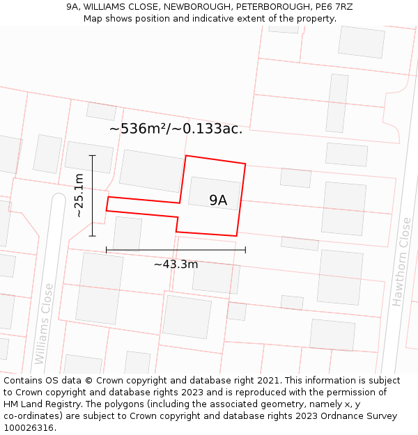 9A, WILLIAMS CLOSE, NEWBOROUGH, PETERBOROUGH, PE6 7RZ: Plot and title map