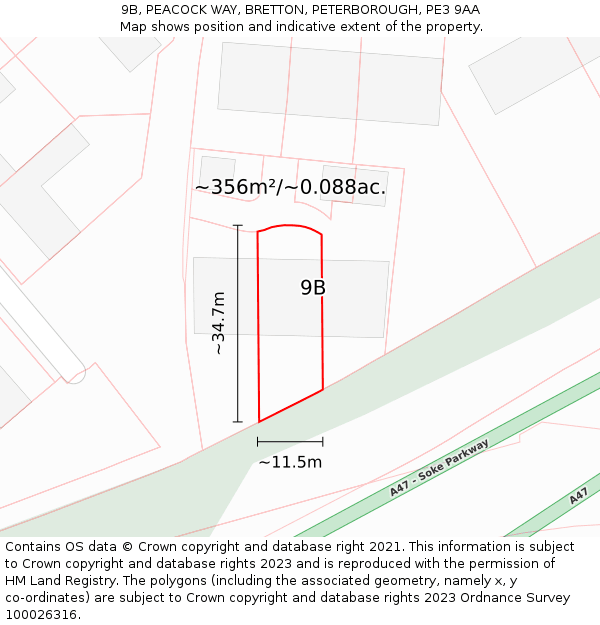 9B, PEACOCK WAY, BRETTON, PETERBOROUGH, PE3 9AA: Plot and title map