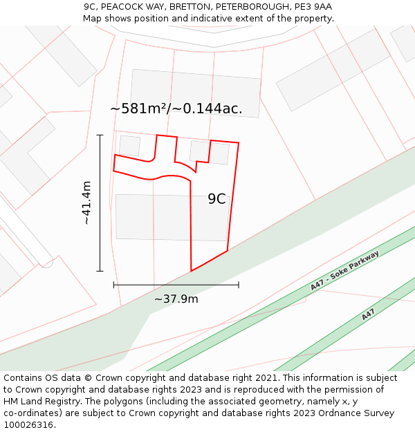 9C, PEACOCK WAY, BRETTON, PETERBOROUGH, PE3 9AA: Plot and title map